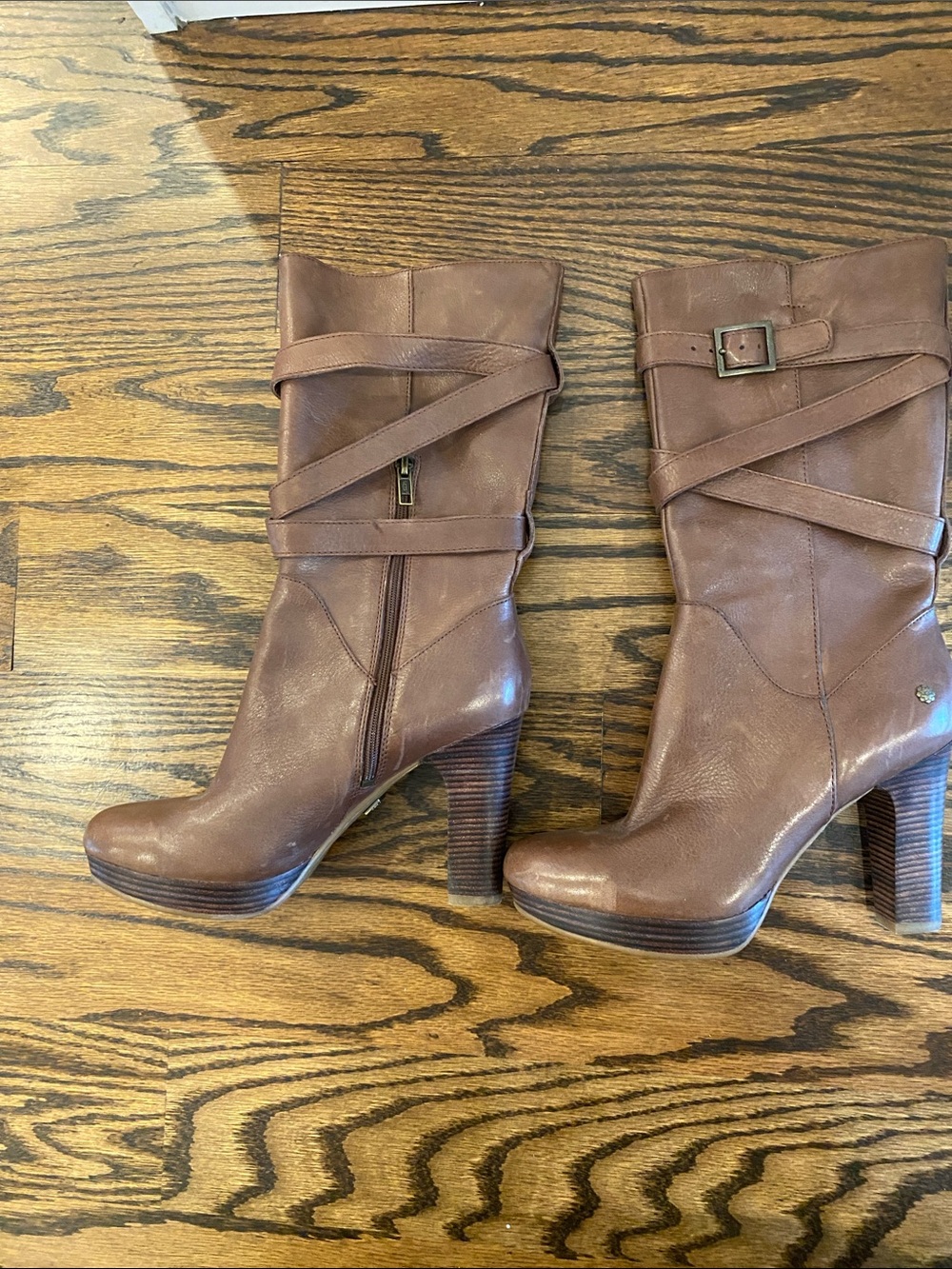 UGG Brown Leather Mid-Calf Heeled Boots with Wrap Strap and Buckle Accent